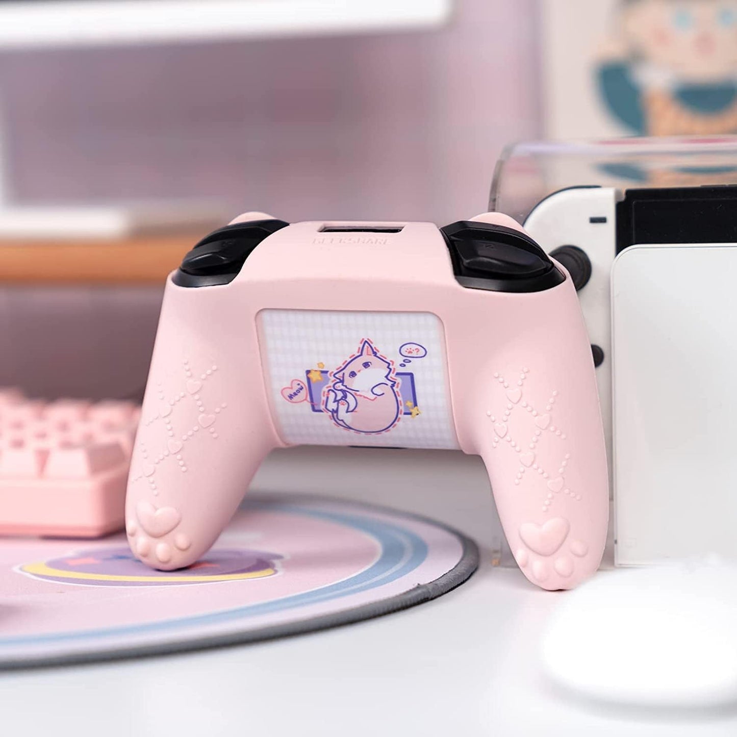 Nintendo Switch Pro Controller Lyserødt Silikone Skin med Katteører