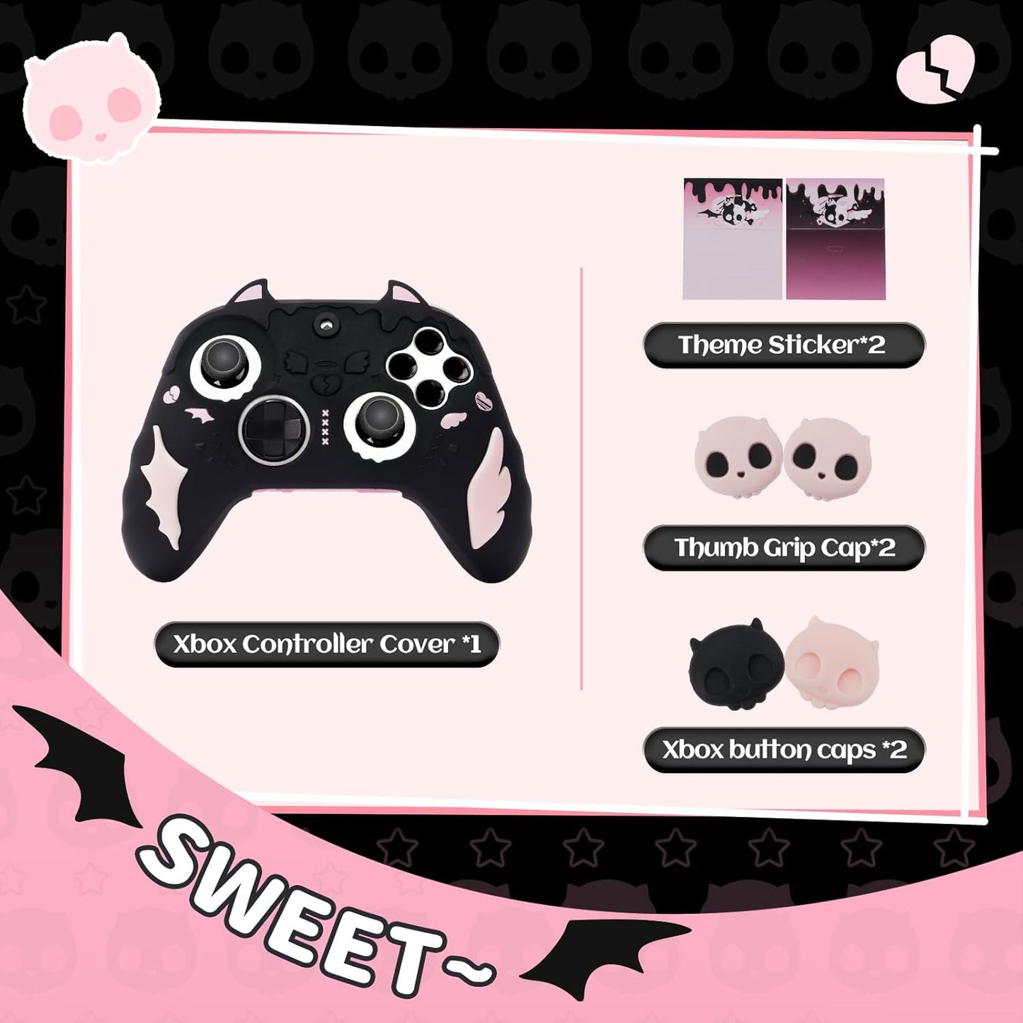 Xbox Series X|S-controller Sweetheart Skull Sort og Lyserødt Silikone Skin