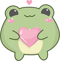 Tegning af sød grøn frø som holder et lyserødt hjerte